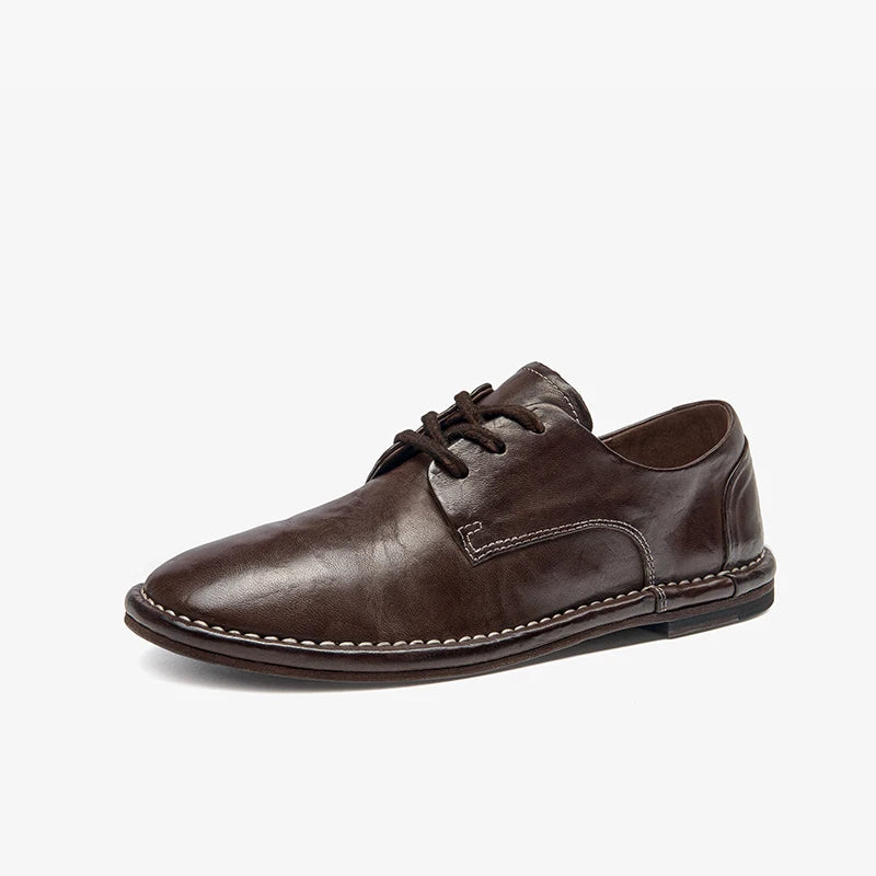 Genuine Horse Leather Solid Color Round Toe Lace-up Classic Oxfords