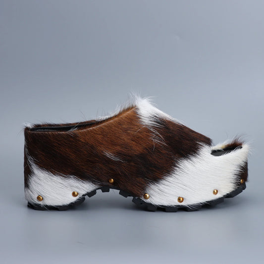 Real Calf Hair Leather Lined Slip On Platform Mules Clogs