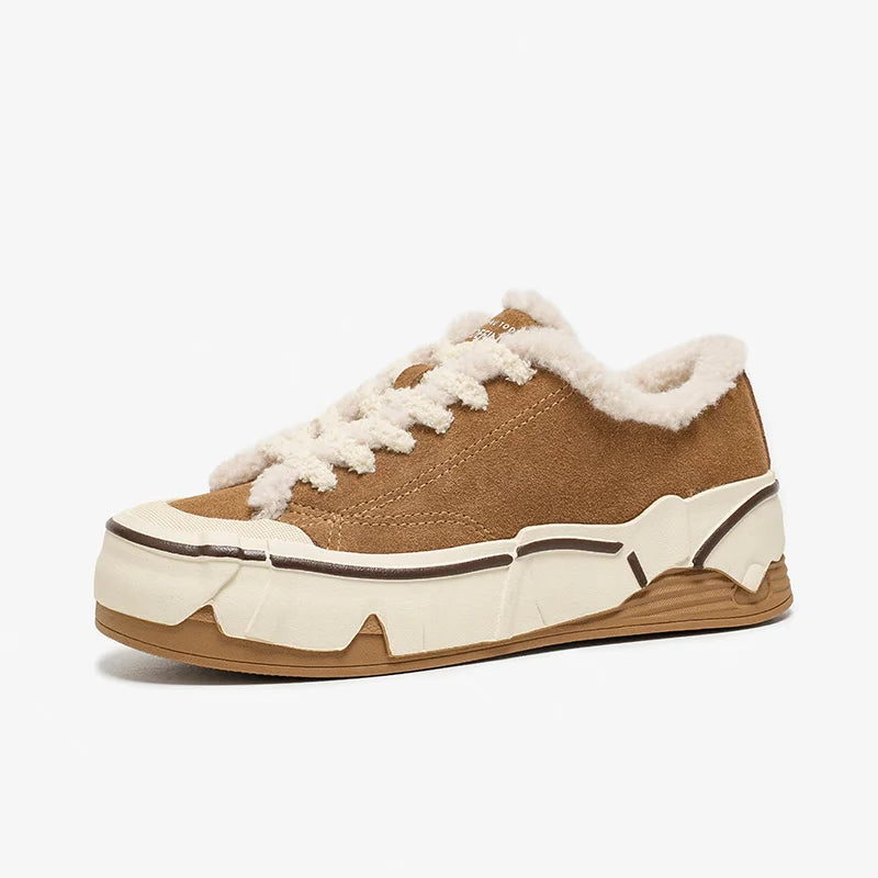 Brown sneaker with white fur lining on a white background