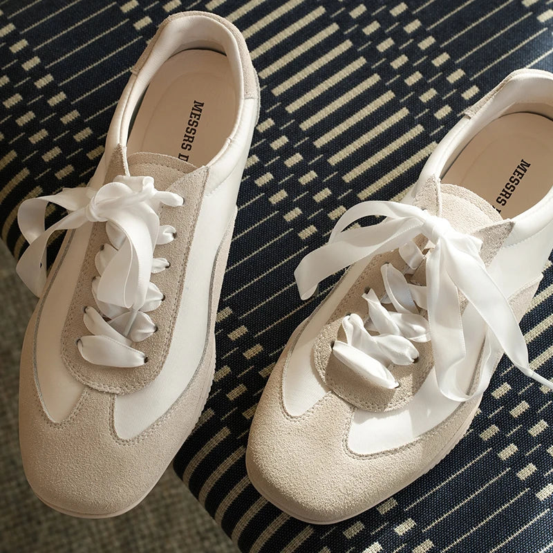 Cow Suede Leather Patchwork Ribbon Lace-up Ballet Sneakers