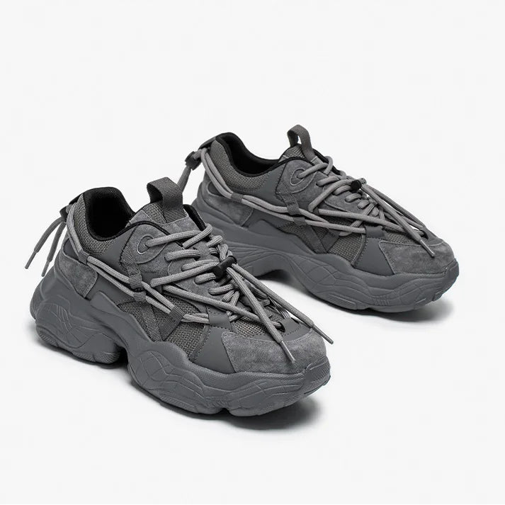 Gray sneakers with thick sole on a white background, branded 'BEAU TODAY'.