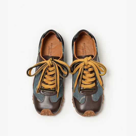 Cow Leather & Denim Mixed Color Patchwork Lace-Up Round Toe Retro Sneakers