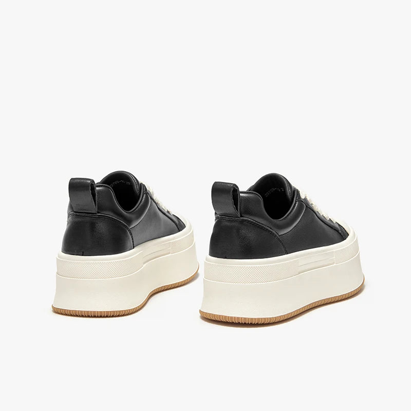 Cow Leather Platform Solid Color Round Toe Lace-up Sneakers